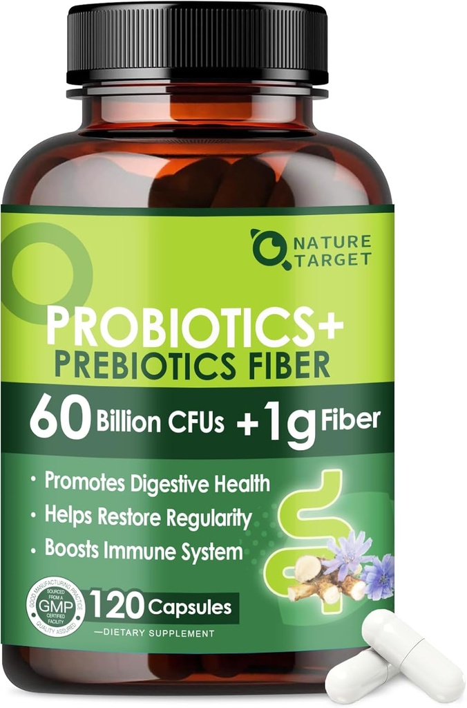 Probiotika for kvinder og mænd fordøjelsessygdomme med Prebiotic Fiber - Fiber tillæg med 60 Millioner Probiotika for regelmæssighed & Gut Cleanse - Understøtter lejlighedsvis obstipation - 120 Veggie kapsler