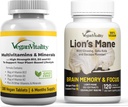Vegansk Vitality Brain Nutrition Bundle - Lions Mane Nootrope Kapsler og Vegansk Multivitaminer. Høj styrke Plant- baserede kosttilskud til hukommelse og fokus og samlet sundhed for Veganere og vegetarer