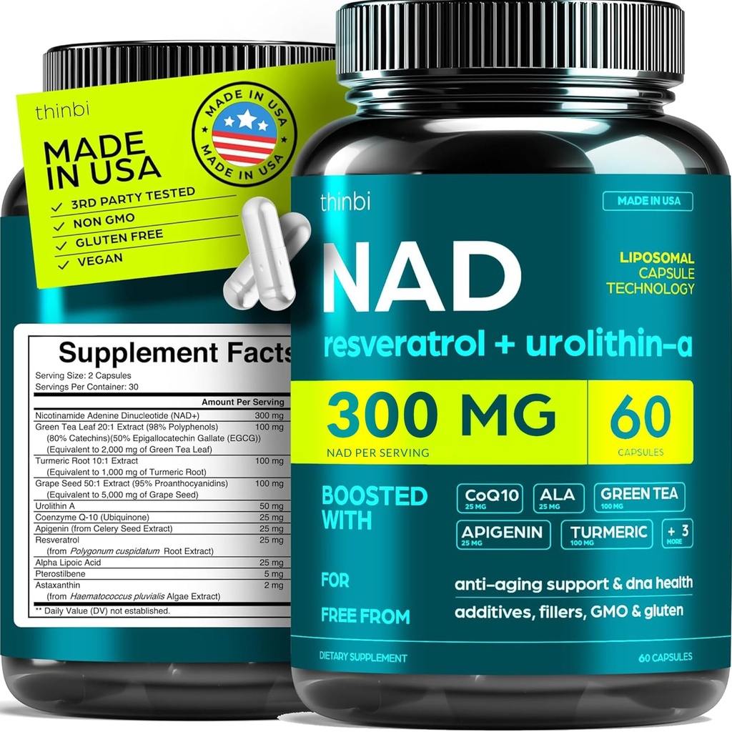 NAD Supplement 300Mg Extra Strength NMN Alternative Liposomal + Green Tea for Women & Men w / Urolithin A, Resveratrol, CoQ10, Alpha Lipoic Acid
