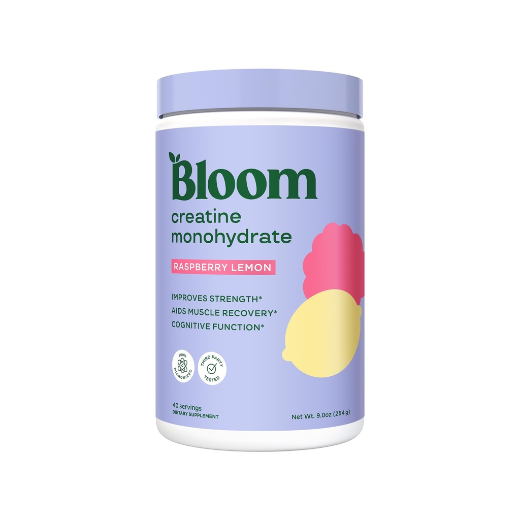 Bloom Nutrition Creatinine Monohydrat Pulver, 5g Mikroniseret Creatin per Serving, Understøtter Muscle Recovery, Styrke, Endurance, Pre or Post Workout, Gluten Free, Ikke GMO, Raspberry Lemon, 40 SVG, 9 oz