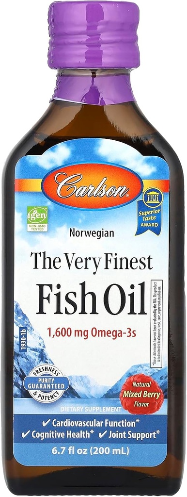 Carlson Den flotteste fiskeolie, 1600 mg Omega- 3s, blandet berry flavor, 200 ml - flydende norsk fiskeolie, Wild- fanget & bæredygtigt sourced