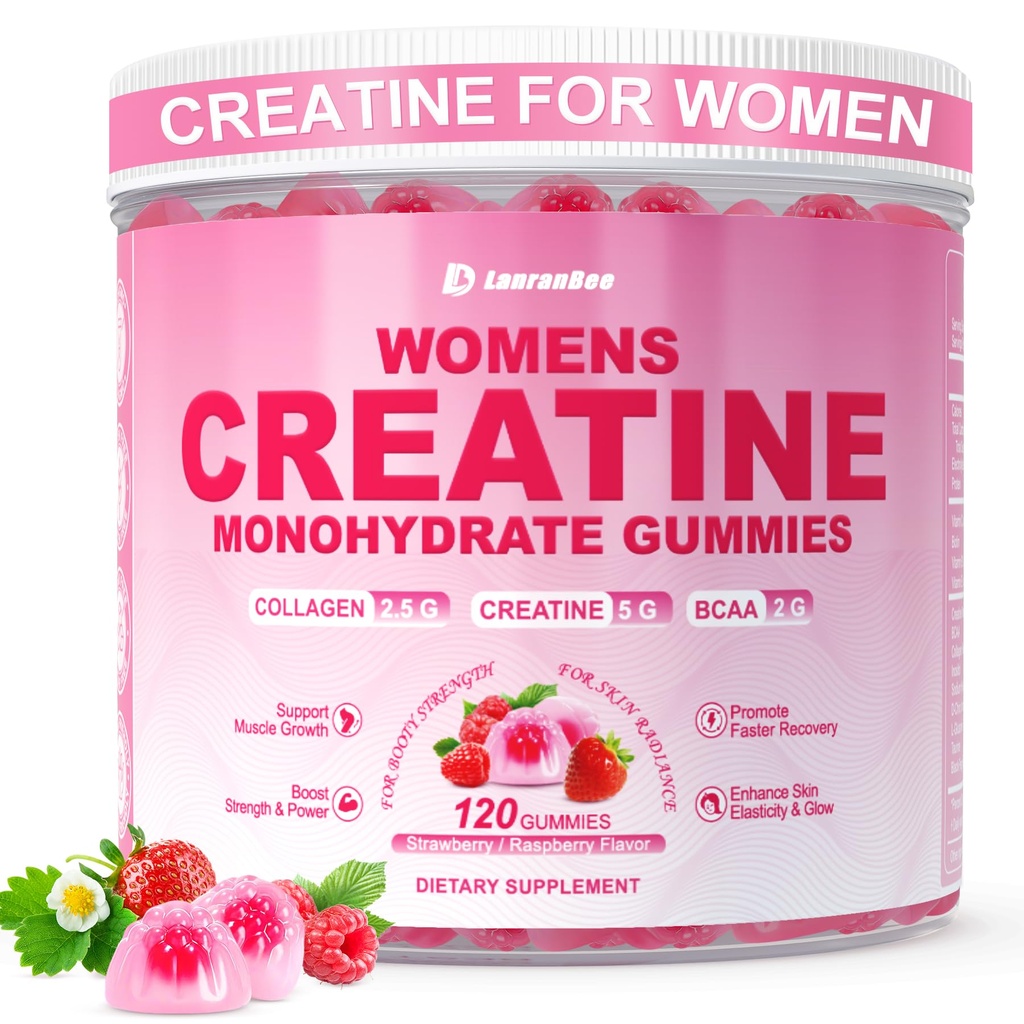 Creatin for kvinder, Creatinine monohydrat Gummies med collagen, BCAA, L- Carnitin & Taurine, Strawberry Flavor, Energy Creatin supplement for muskel styrke, energi Boost, sukker fri, 120 Tæl