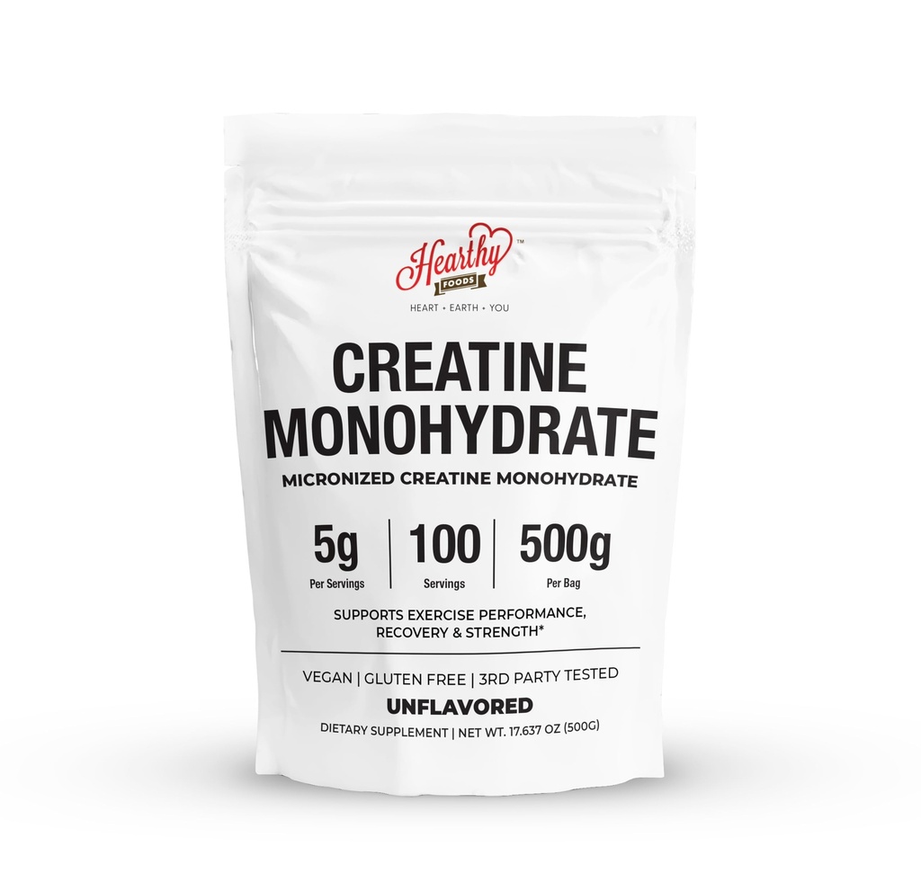 HEARTHY LEVNEDSMIDLER Creatinmonohydrat Mikroniseret pulver 500G - 100 Servering, 5000mg Per Servering (5g) - for mænd og kvinder Muskelvækst & Inddrivelse - UNFLAVORED