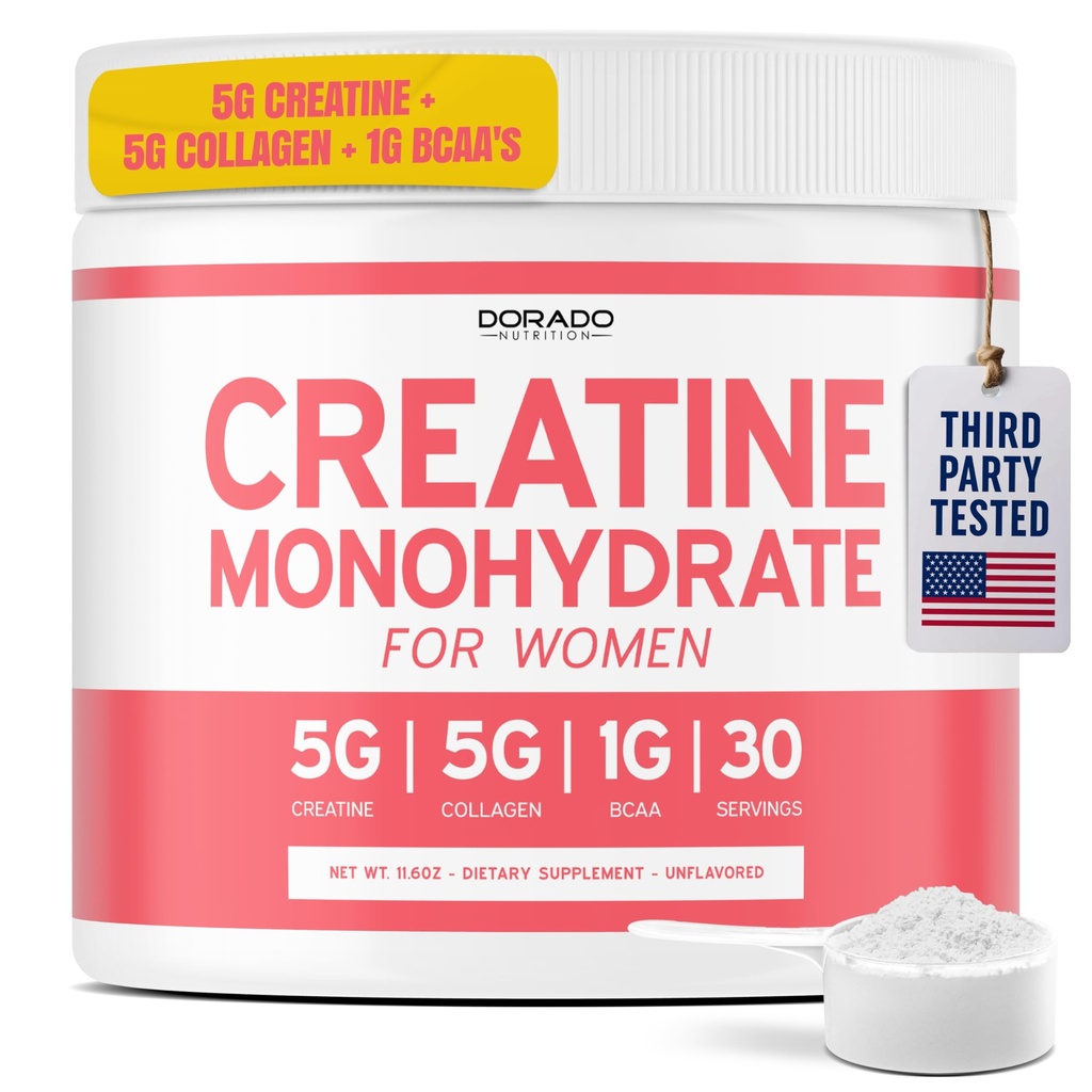Creatin til kvinder, 124; Creatin monohydrat pulver 5G + 5000mg kollagen + 1000mg BCAA 2: 1: 1 Pulver (30 Serving) Support Lytter, Lean Muscles, Recovery, Energy & Stamina Non- GMO, Gluten Free - USA