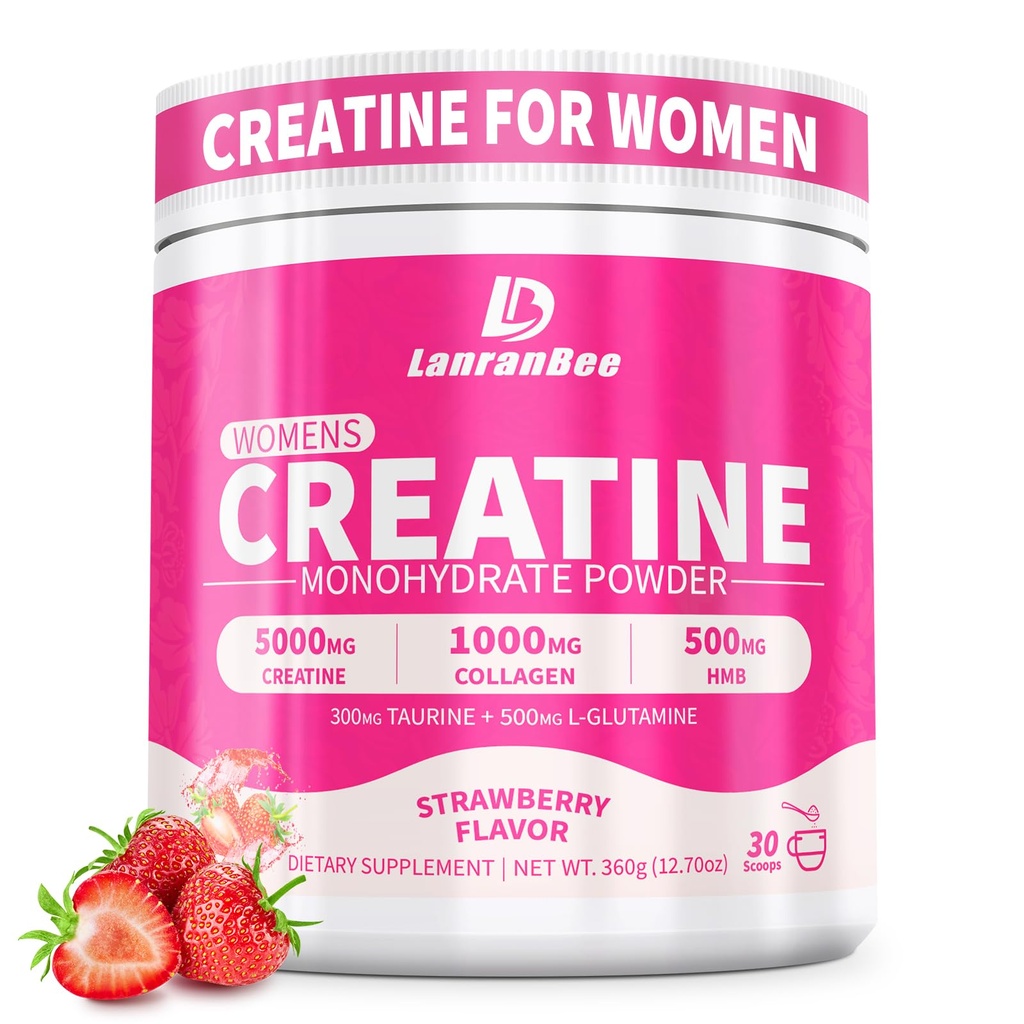 LanranBee Creatin HMB til kvinder 5g mikroniseret Creatin monohydrat pulver med kollagen Pre Workout supplement til muskelstøtte Energi & Endurance Sukker Gratis, Strawberry Flavor 30 Servering