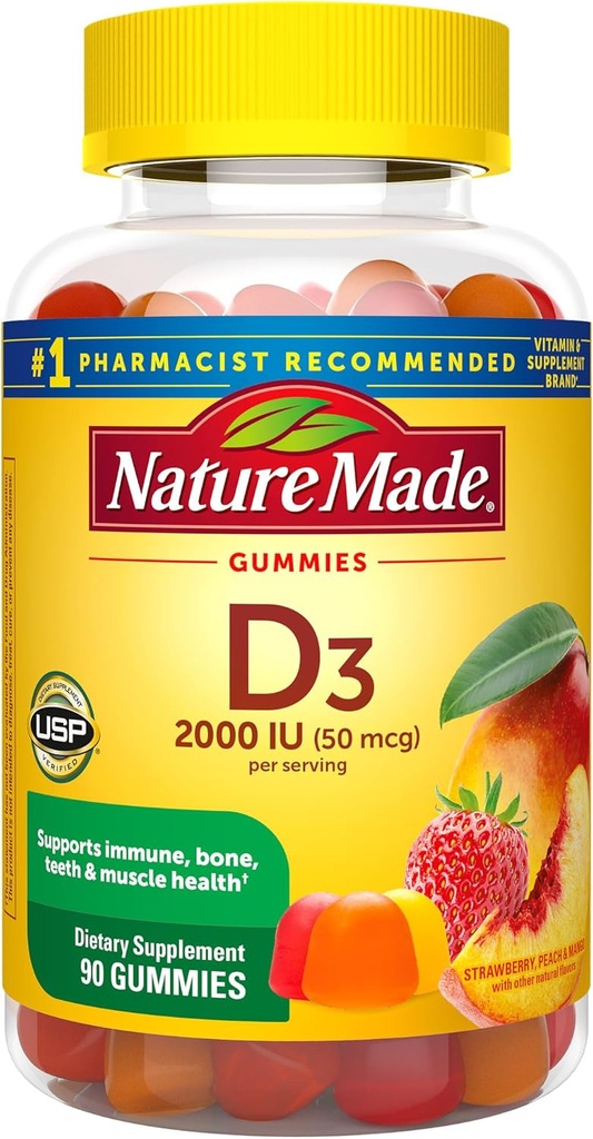 Nature Made Vitamin D3 2000 IE Per Serving Gummies, Knogler, Tænder, Muskel og Immun Health Support, 45 dages forsyning, 90 Vitamin D Gummies til voksne