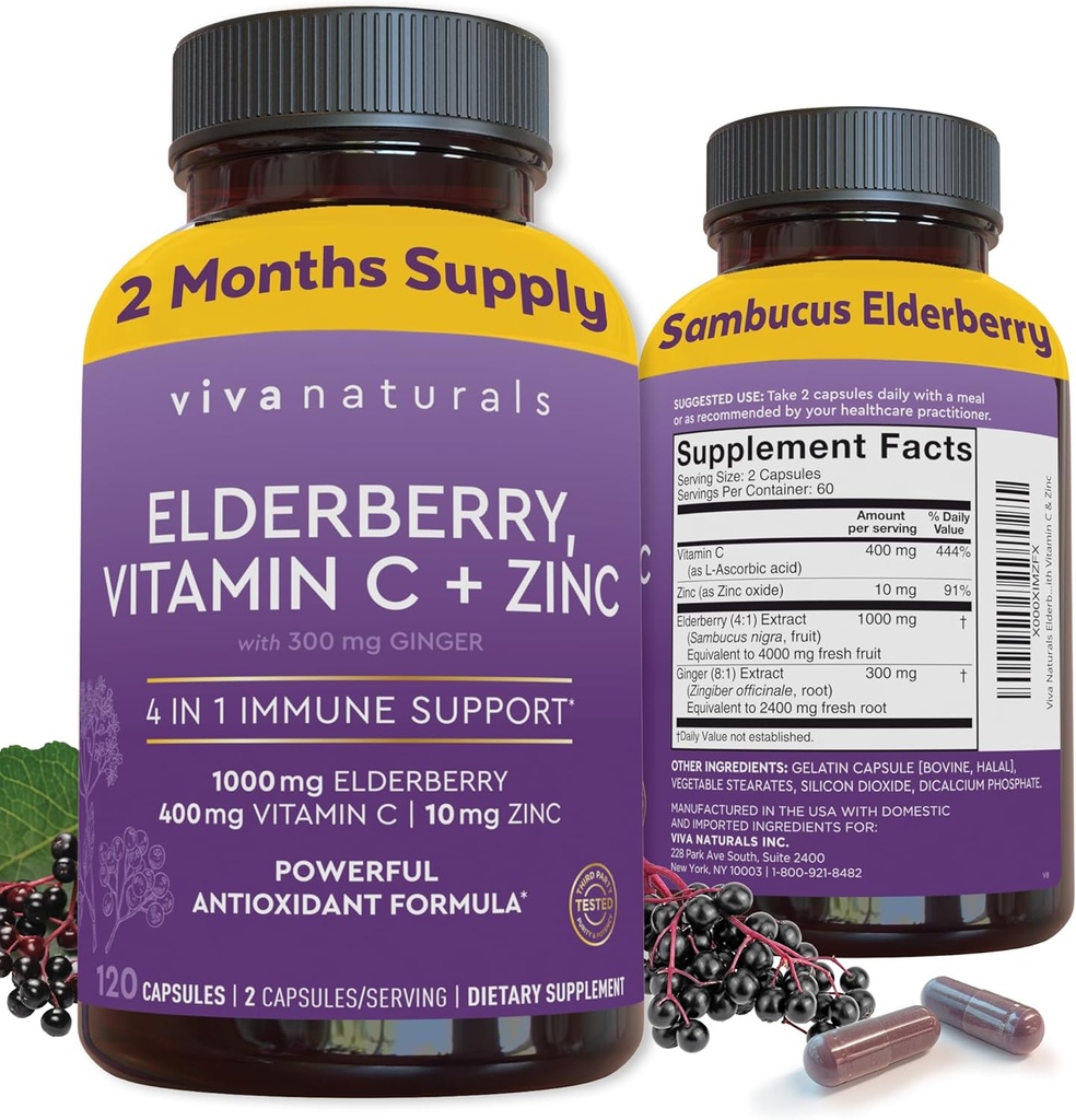 Viva Naturals Elderberry med C-vitamin og zink (120 kapsler) - 1000mg Sambucus Elderberry immunsupport supplement, Black Elderberry kapsler til voksne, Elderberry vitaminer - 2 Måneders forsyning