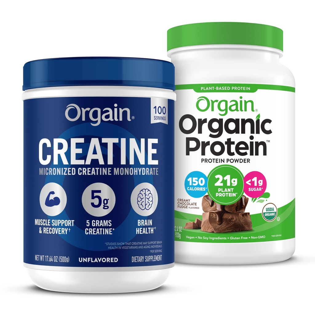 Orgain Creatin monohydrat pulver (17.64 Oz, 100 Servering) & Organic Vegan chokolade Fudge Protein Powder (2.03 LB) Bundle - Plantbaseret protein & Muskelstøtte