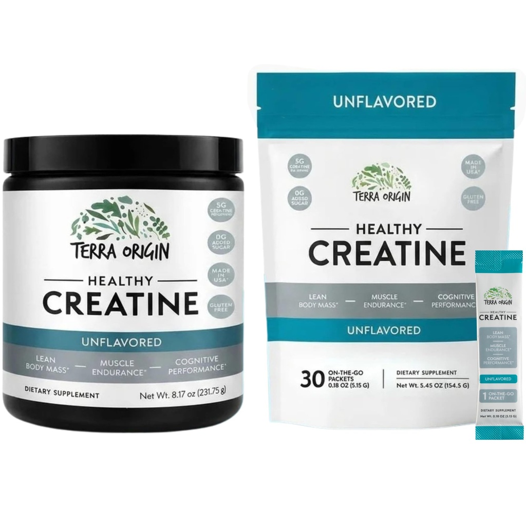 TERRA OPRININ Creatinine Monohydrat Bundle Buddy 124; 75 Servering Stick Pack og Jar Combo Combo Buddy 124; Mikronized Powder Support 124; Support for Muscle and Cognitive Performance *