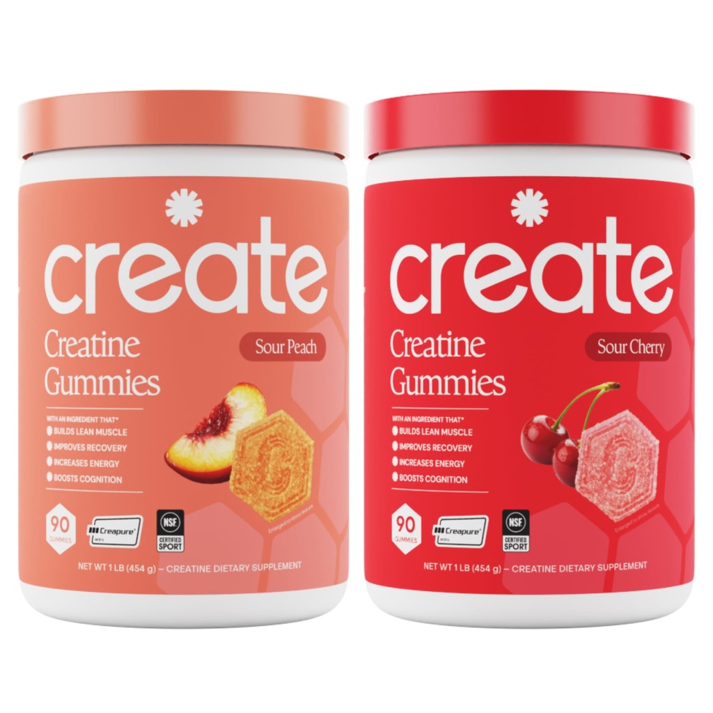 Opret Creatine Monohydrate Gummies - Peach Pump Duo - Sour Peach & Sour Cherry - Creatine Gummies for Women & Men, NSF Certified, 3. part testet, Anti- smelteformel, 180 Greve (2 - Pack)