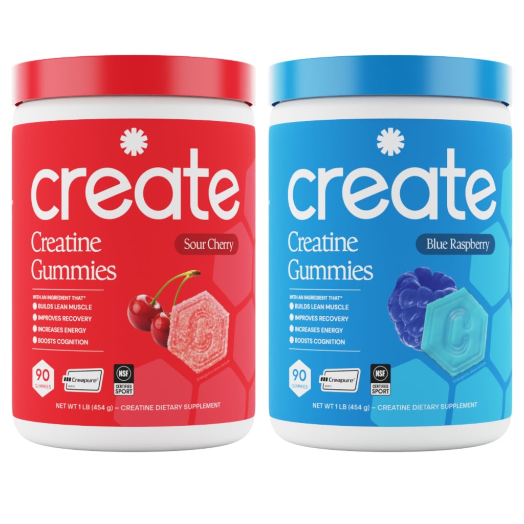 Opret Creatinine Monohydrat Gummies - Rocket Pop Duo - Blå Hindbær & Sour Cherry - Creatinine Gummies for Kvinder & Mænd, NSF Certified, 3. part testet, Anti- smeltning Formel, 180 Greve (2-Pack)