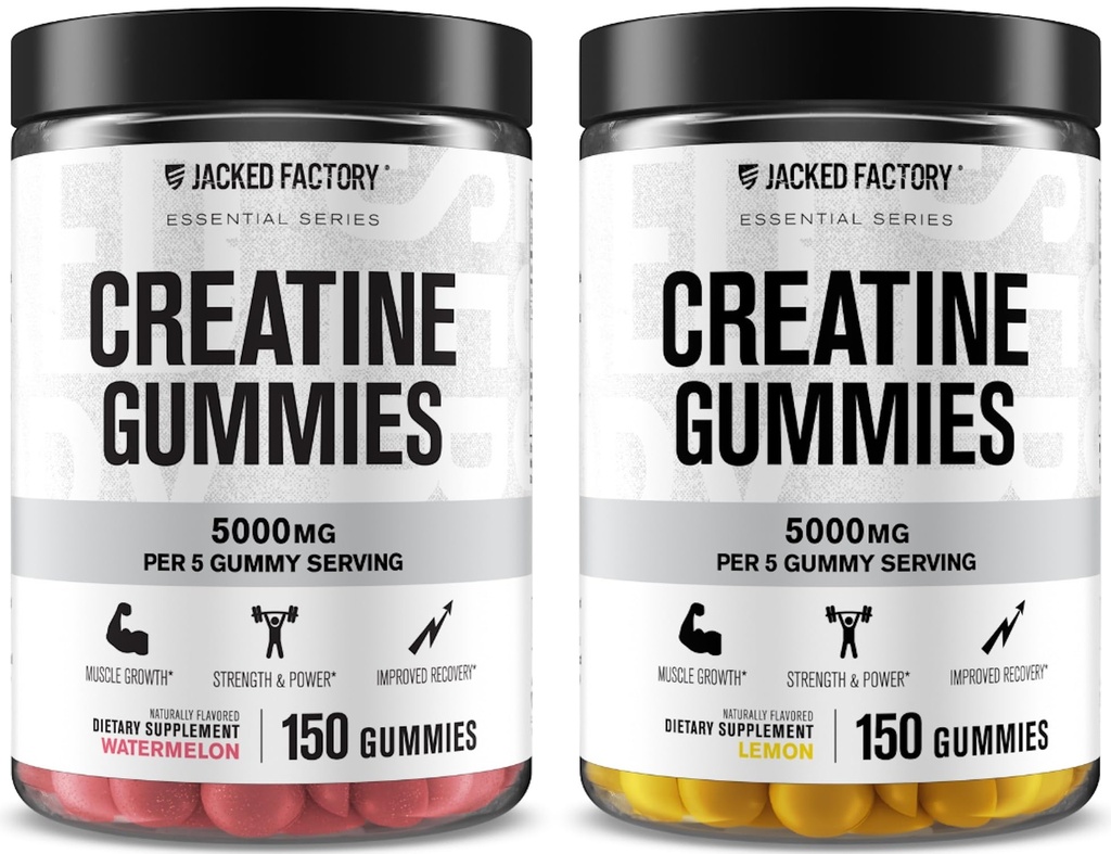Jacked Factory Creatinine Monohydrate Gummies 5g Daglig dosis (1g per Gummy) - Creatinine Gummy til mænd og kvinder, Vegan- Friendly, Travel- Friendly, Third-Party Testet - 150 Gummies, Watermelon & Lemon