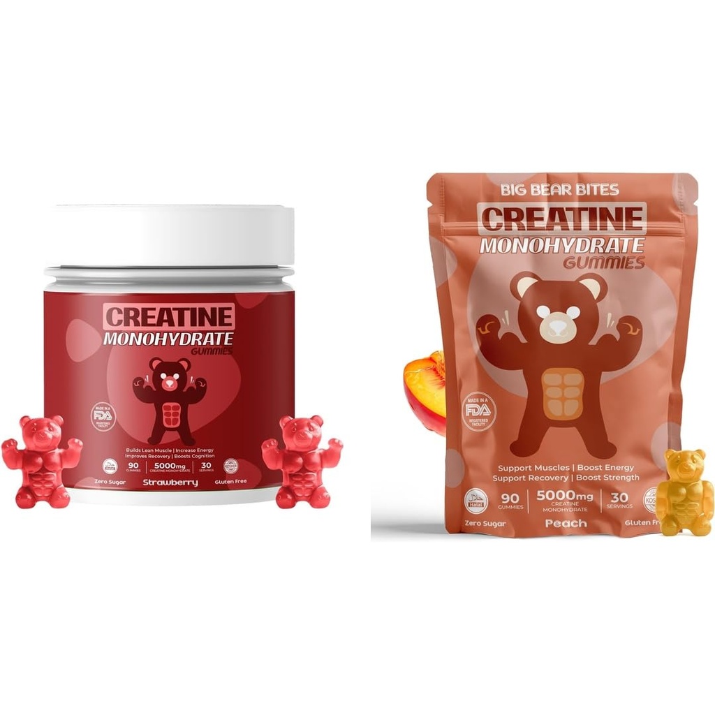 Creatin monohydrat Gummy Bundle - Strawberry & Peach- 124; 5000mg Per Serving - 124; Sugar- Free, Gluten- Free & Halal - 124; 180 Gummies Total (2 x 90 Tæl)