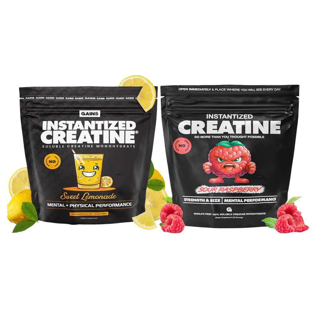 Gains in Bulk Instantized Creatin Monohydrat for kvinder og mænd, Opløselig Pre Workout Powder, Understøtter muskeltræning, Styrke og ydeevne, Sweet Lemonade og sour Hindbær, 60 Serveringer