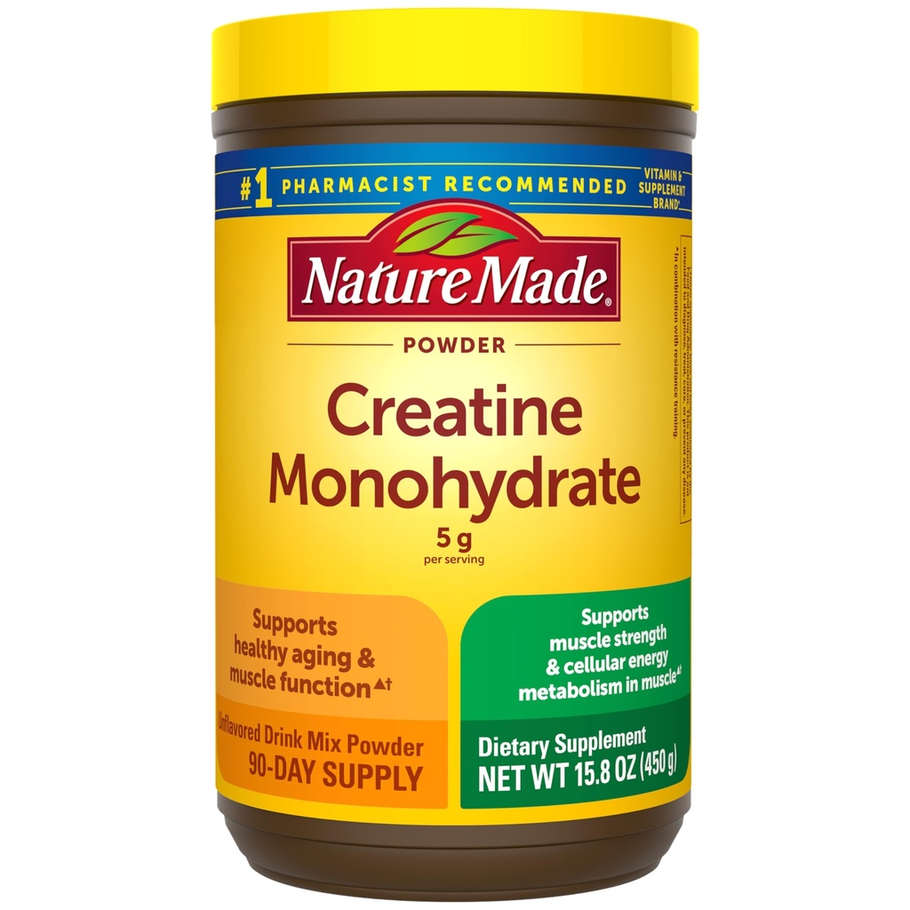 Nature Made Micronized Creatine Monohydrate Powder 5 g per Serving, Unflavored Drink Mix Powder, Muscle Support, 450 g, 90 Day Supply