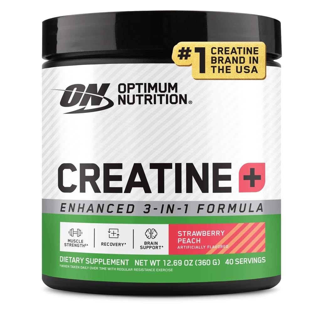 Optimum Nutrition Creatinine Monohydrat Plus Powder, Jordbær Peach Flaged Creatin Performance Blend, med elektrolyter til hydrering, Tilføjet vitaminer, 40 Servere, 360 Bedste (Packaging May Vary)