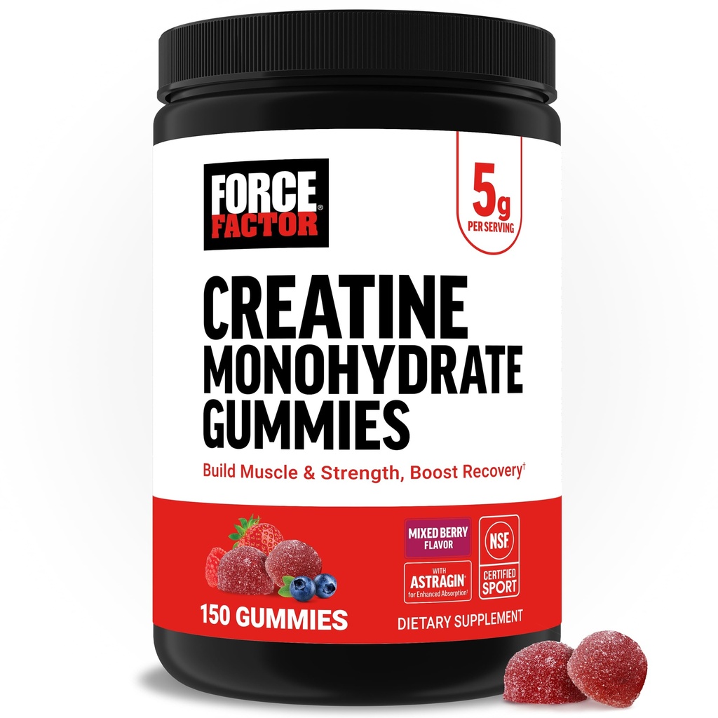 Kraftfaktor Creatinin Monohydrate Gummies, NSF Certificeret, 5g dosis til mænd og kvinder til at støtte muskel, styrke, inddrivelse, kognitiv sundhed & hukommelse, blandet berry, 150 Gummies
