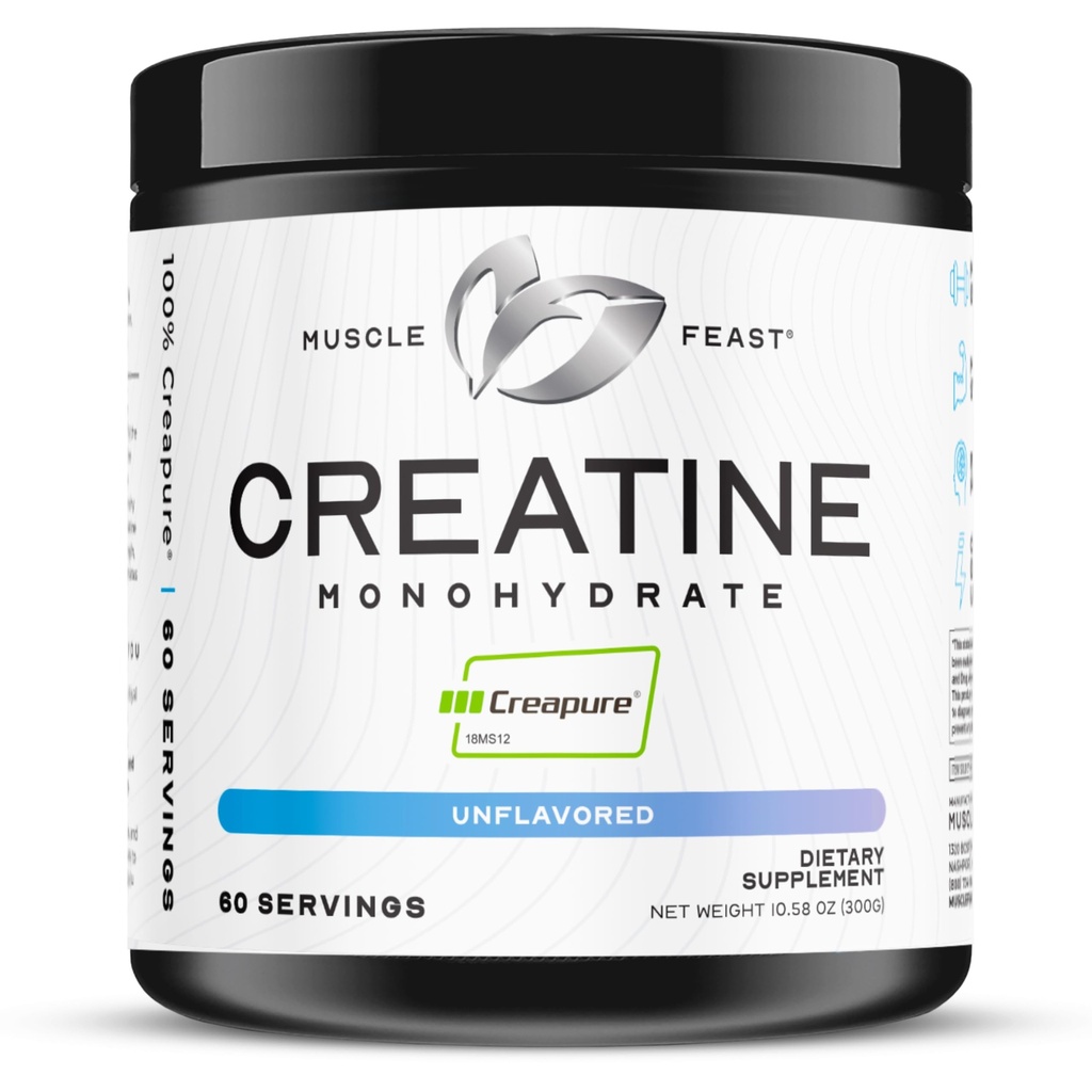 Muskel Feast Creapure Creatinine monohydrat pulver, Vegan Keto Friendly Gluten- Free, Mass Gainer, Muscle Recovery Supplement og Trusted Creatin for Muskelvækst, Creatinine Powder, Unflavored, 300g