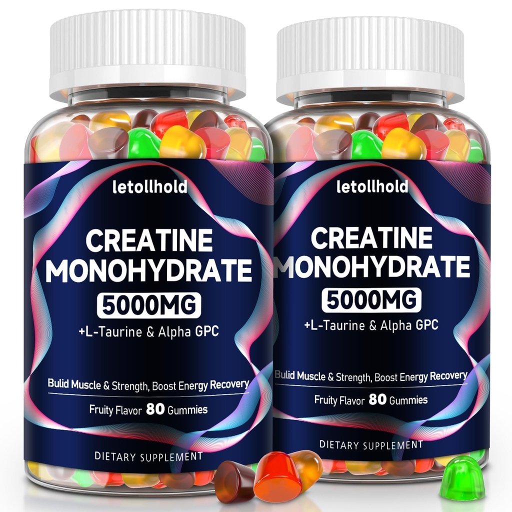 Creatine Monohydrat Gummies 5g for kvinder & mænd - Creatine Gummies for kvinder Pre Workout Chewables med L- Taurine & Alpha GPC, Sugar- Free Muscle Builder, Energy Boost, Vegansk Non- GMO (160 Count)