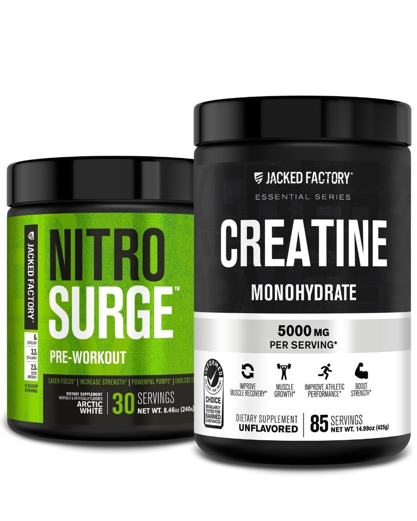 Jacked Factory Nitrovolume Pre- Workout & Creatine monohydrat - Pre Workout Powder med Creatin for muskelvækst, Øget styrke, Enless Energy - Arctic White Preworkout & Unflavored Creatin