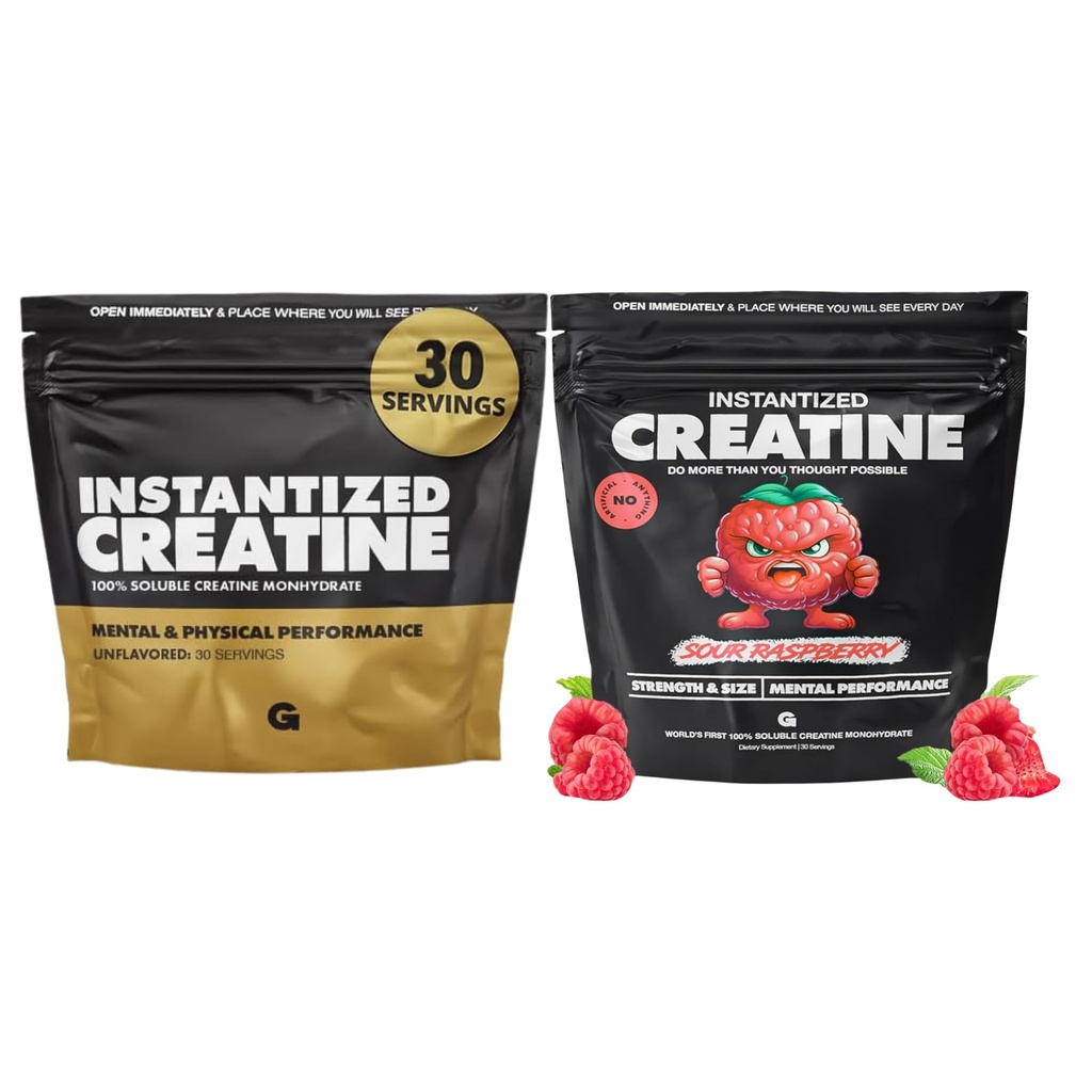 Gevinster i Bulk Intantized Creatin Bundle, Opløselig Pre Workout Powder, Understøtter muskelopbygning, Styrke og ydeevne, Unflavored og Hindbær, 60 Servering