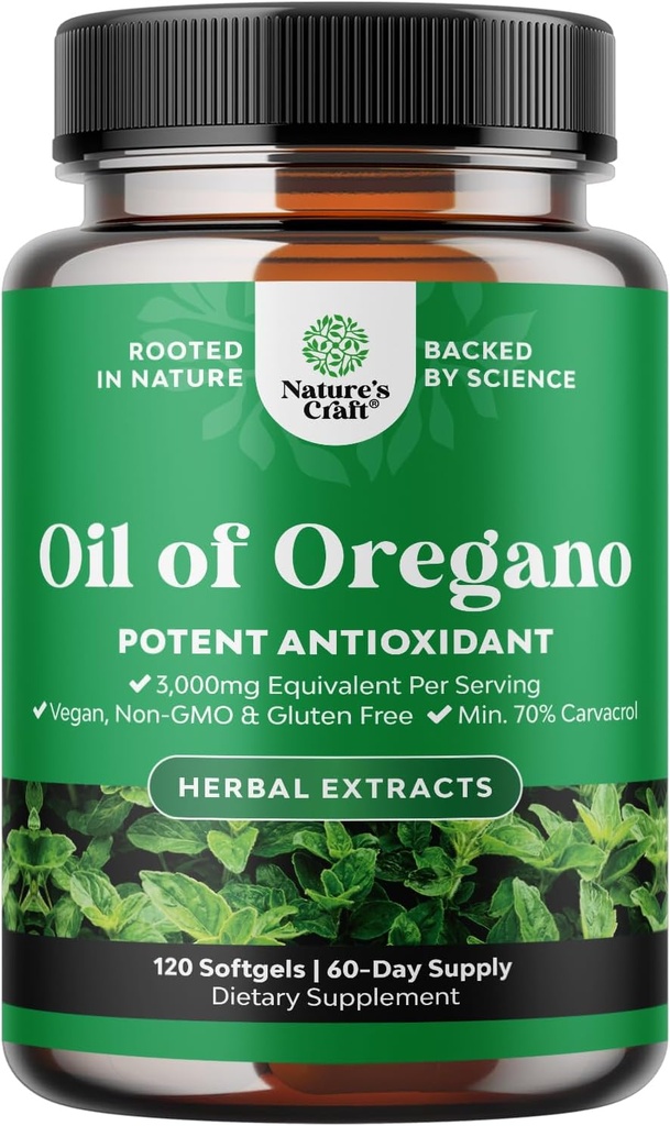 Wild Oregano Oil Softels - Super koncentreret Softgels Oil of Oregano med Carvacrol 70% for fordøjelse og immunforsvar - Urtetilskud til intestine renser, Body Detox & Repair - 120 Ct