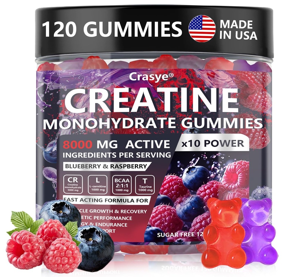 Creatine monohydrat Gummies Complex 8000 MG for mænd Kvinder, Creatine Gummy med Taurine BCAA for energistøtte og muskelstyrke, Sugar Free Pre- workout Supplement