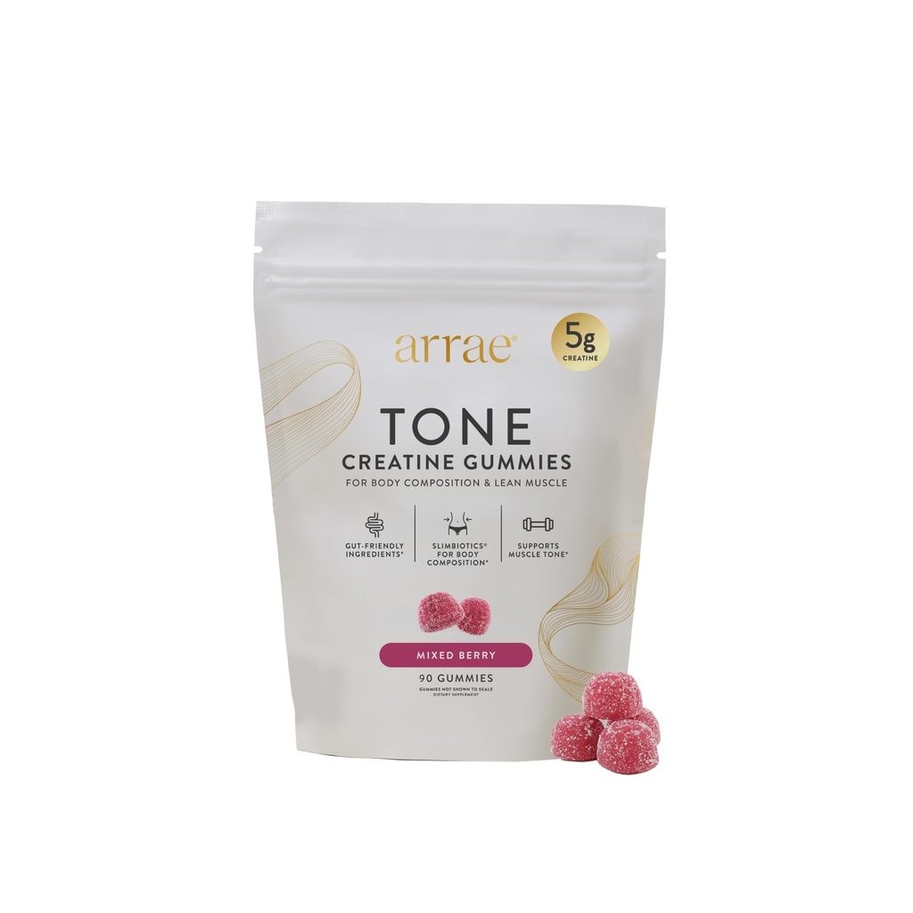 Arrae Tone Gummies - Kreatin monohydrat 5g til kvinder - Support Lean Muscle, Styrke & Inddrivelse - Hormon-Friendly Muscle Toning Supplement - Blandede Berry Flavor - 90 Greve