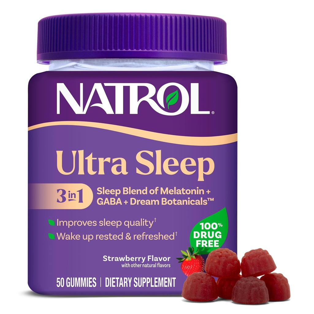 Natrol Ultra Sleep 3- in-1 100% Drug- Free Sleep Aid Blend med Melatonin, GABA & Botanicals, Kosttilskud, Non-Habit Forming, 50 Gummies
