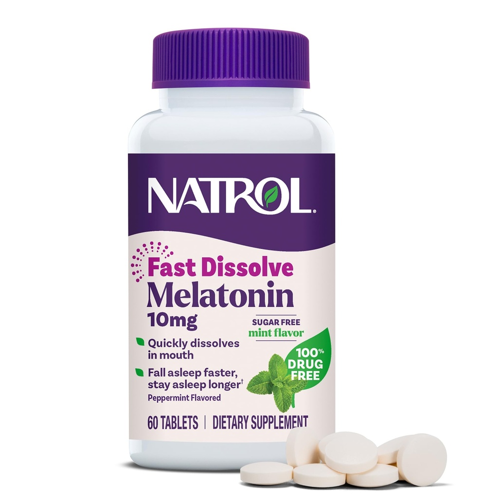Natrol Melatonin 10mg Fast Opløs tabletter - Pebermynte Flavor, 60 Greve, Sleep Support, Hurtig Opløs Melatonin til voksne, 60- Day Supply