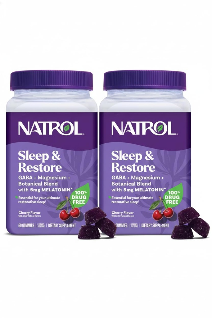 Natrol Sleep + Gendanne Magnesium Glycinate Glycinat Gummies med Melatonin 5mg - Rolig Magnesium med GABA, Botanisk Blend, Cherry Flavor, 60 Gummies (pakke med 2)