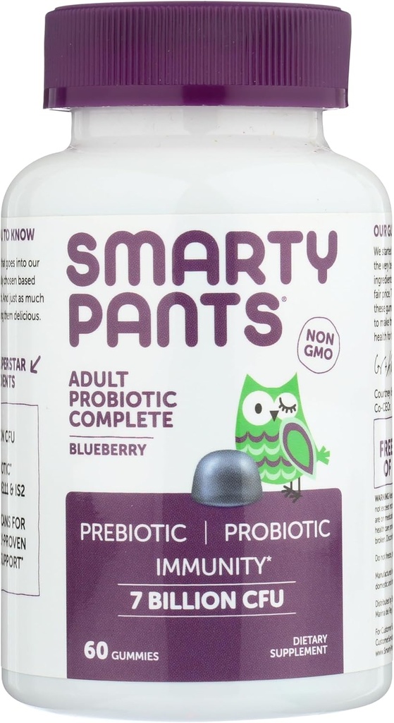 SmartyPants Men's & Women's Probiotic Immunity Gummies: Prebiotics & Probiotics for Digestive Health & Immune Support Supplement, Gluten Free, Vegan, Blueberry Flavor, 60 Count (30 Day Supply)