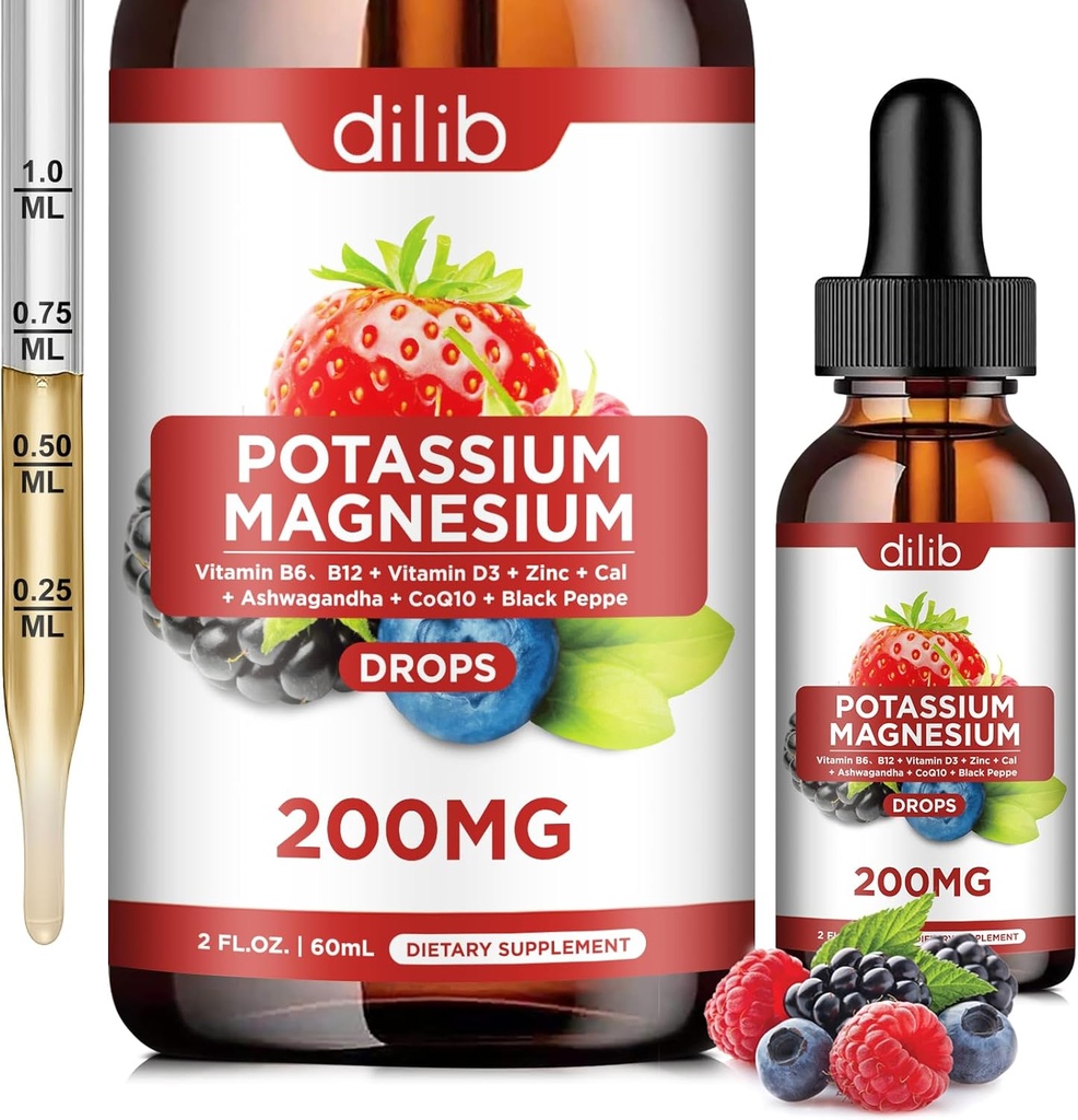 Kalium Magnesium Citrate Supplement, Flydende Magnesium Citrate Drops 200 mg med Ashwagandha, Calcium, Zink, D3- vitamin, B6, B12, CoQ10 - Vegan 2 fl oz Mix Berry Flavor