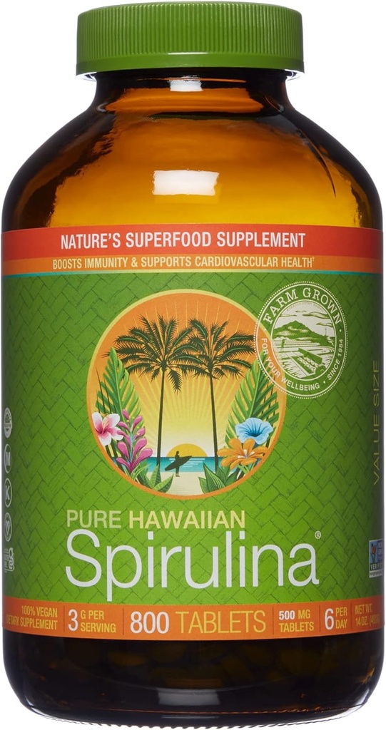Nutrex Hawaii, Pure Hawaii Spirulina 500 mg, Vegan, understøtter immunsystem, hjerte, celler og energi, 800 tabletter