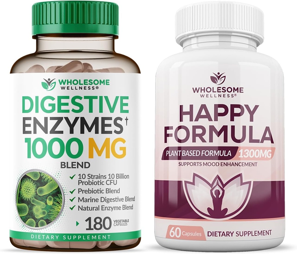 Grossome Wellness Digestive Enzymes 1000MG Plus Prebiotics & Probiotics Supplement + Happy Formel Naturlig Stress Formel Relief Supplement for kvinder & mænd Bundle