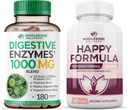 Grossome Wellness Digestive Enzymes 1000MG Plus Prebiotics & Probiotics Supplement + Happy Formel Naturlig Stress Formel Relief Supplement for kvinder & mænd Bundle