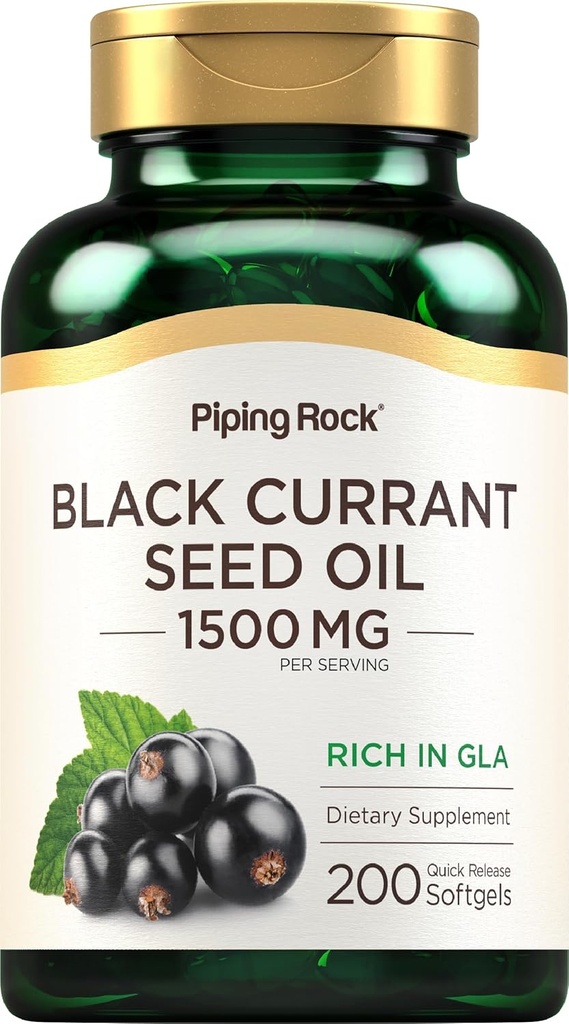 Piping Rock Black Currant Seed Oil Softgel Kapsler: 124; 1500mg; 124; 200 Tæl: 124; med Gamma Linolensyre (GLA); 124; Non- GMO, Gluten Free Supplement