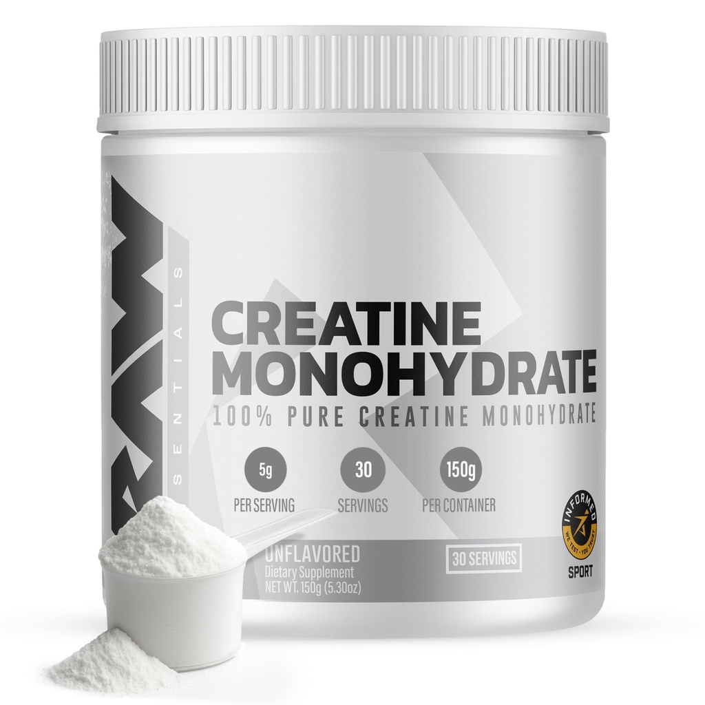 RAW Nutrition Creatin monohydrat pulver, Unflavored (30 Servere) - Mikroniseret Creatin monohydrat supplement til workout ydeevne, Build Muscle & Strength - Creatin pulver til mænd og kvinder
