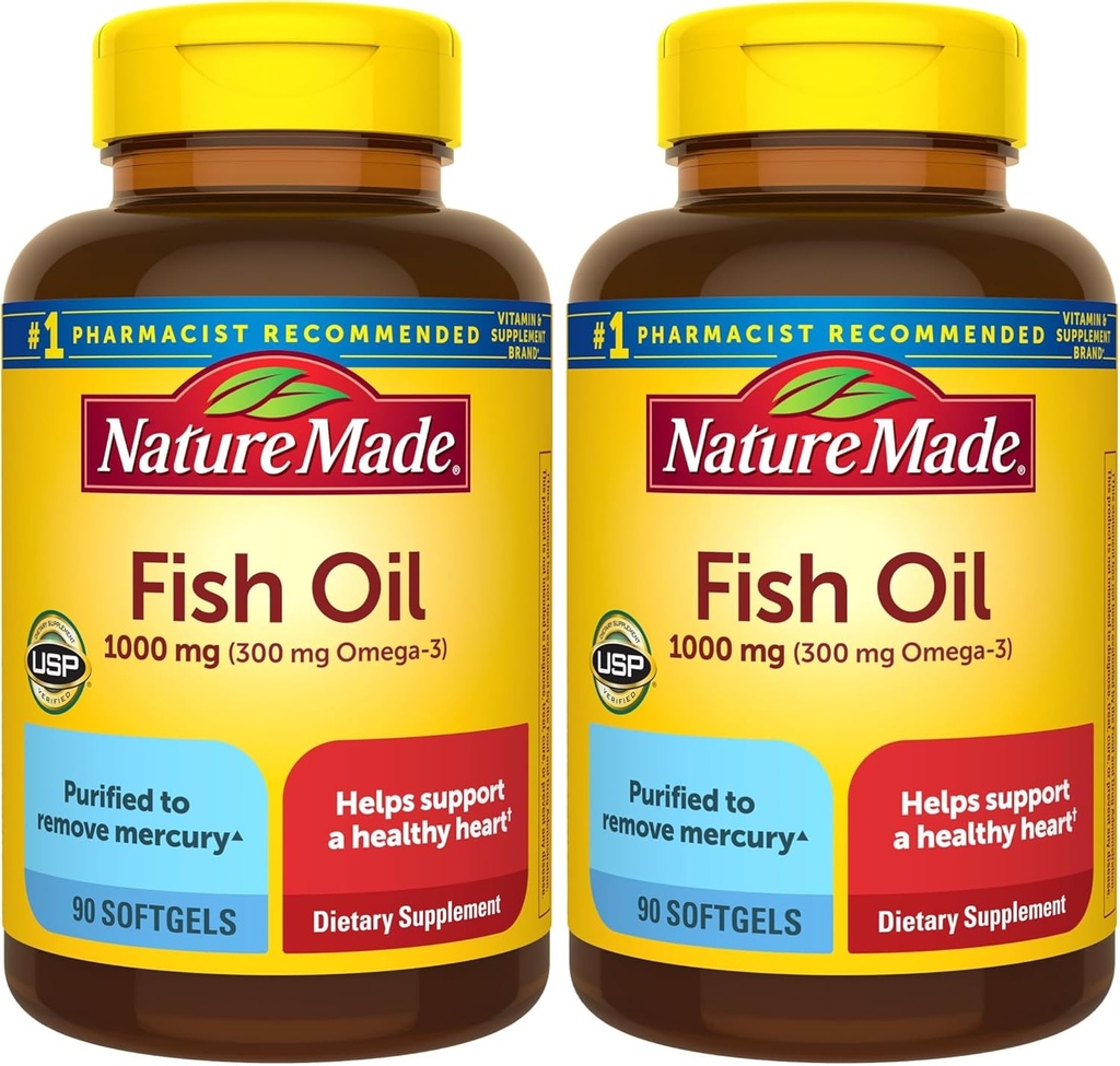 Nature Made Fish Oil Omega 3 Kosttilskud, 1000 mg Softgels, Omega 3 Fish Oil for Sund Heart Support, 90 Softgels, 45 Day Supply (pakke med 2)