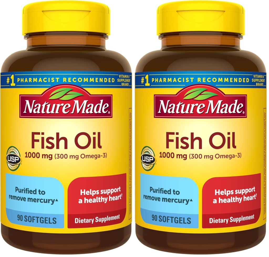 Nature Made Fish Oil Omega 3 Kosttilskud, 1000 mg Softgels, Omega 3 Fish Oil for Sund Heart Support, 90 Softgels, 45 Day Supply (pakke med 2)
