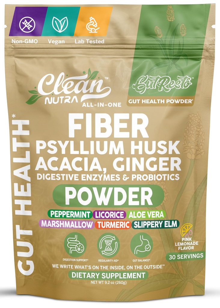 GutResto Fiber Supplement Psyllium Husk Powder Probiotic Gut Health Digestive Enzymes Prebiotic L-Glutamine Slippery Elm Aloe Vera Marshmallow Root Turmeric Ginger Peppermint by Clean Nutra 30 Svgs