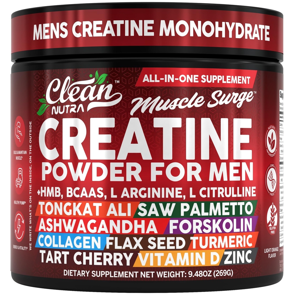 Ren Nutra Creatin pulver til mænd + HMB BCAA L Arginin L Citrullin Tongkat Ali Saw Palmetto Ashwagandha Collagen Hør Seed Gurkemeje Fortræning Stevia Nitrooxid L Glutamin Aminosyrer