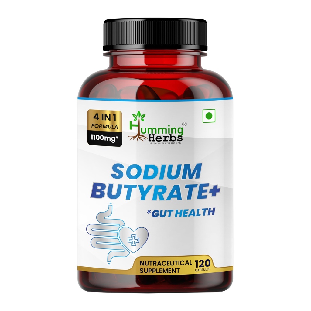 Humming Herbs Sodium Butyrate+ Capsules 4-in-1 Digestive Support with L-Glutamine + Prebiotic Inulin + Probiotic Blend (10 Billion CFU) 120 Vegetarian Capsules