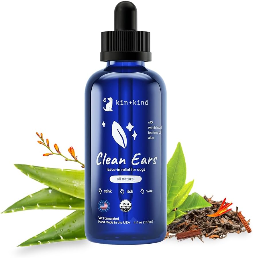 kin + kind Hund Ear Cleaner Solution - Økologisk Hund Øre Wash & Easy- to- Brug Øre dråber til hunde - Cleans Wax, Dirt & Odor - Gentle Øre rengøring w / Witch Hazel, Aloe Vera & Tea Tree Oil - Made in USA 4 fl oz