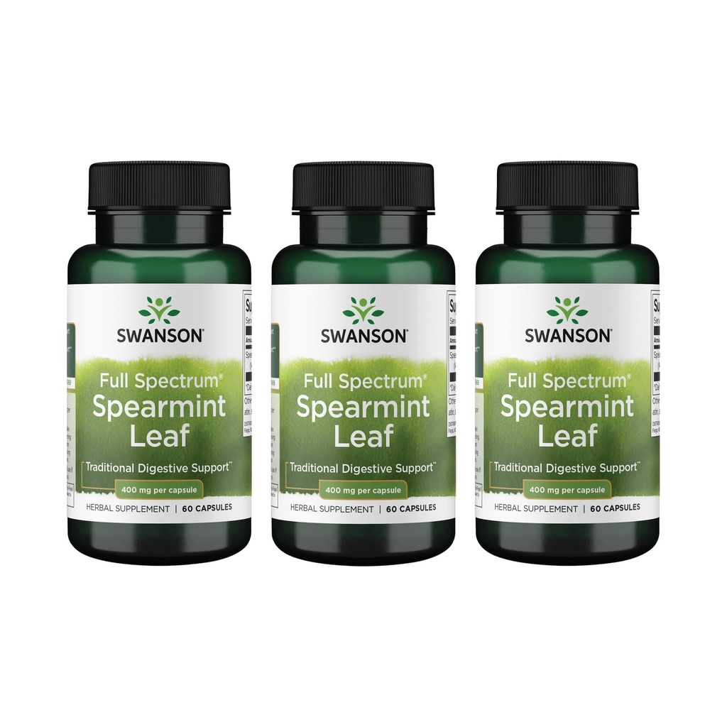 Swanson Spearmint Leaf (Mentha Spicata) - Full Spectrum Herbal supplement støtte fordøjelsessygdomme & Mild Maveproblemer - (60 kapsler, 400mg hver) 3 Pack