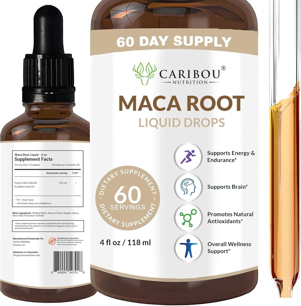 Maca Root Liquid Drops Mex124; Premium Organic Maca Root Extract Mex124; Maca Supplement for Enhanced Mood & Vitality Mex124; 60 Servering Mex124; 4 Fl Oz