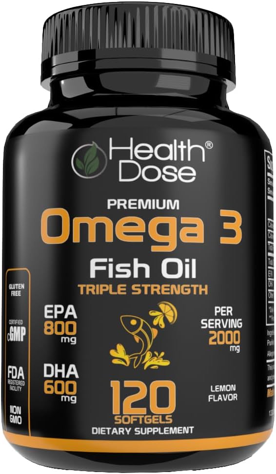 Sundhedsdosis Omega 3 Fish Oil 2000mg - Lemon- Flavored Softgels med EPA 800mg & DHA 600mg til hjerne, hjerte, og wellness support - Easy- to- Digest, Ingen Fish Burps - 120 Softgels, 2 - Måned Supply