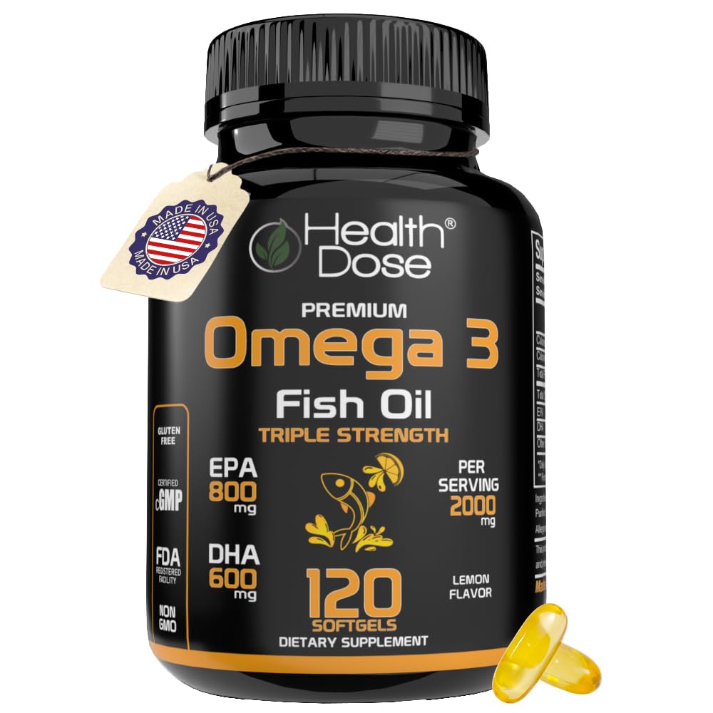 Sundhedsdosis Omega 3 Fish Oil 2000mg - Lemon- Flavored Softgels med EPA 800mg & DHA 600mg til hjerne, hjerte, og wellness support - Easy- to- Digest, Ingen Fish Burps - 120 Softgels, 2 - Måned Supply