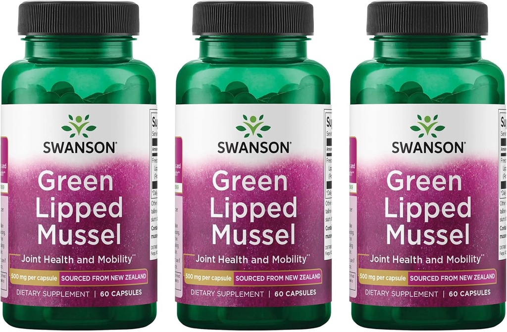 Swanson Green Lipped Mussel (Freeze- Tørret) - New Zealand Joint Health & Mobility Supplement - Natural Formel May Support Heart Health & fordøjelsesfunktion - (60 kapsler, 500mg Hver) (3 Pack)