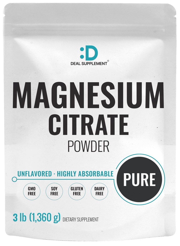 DEAL SUPPLEMENT Magnesium Citrate Powder 500mg, 3lbs - Unflavored, Let Absorbed - Renset spor Mineral for muskel, hjerte, & fordøjelsesstøtte - En om dagen, Non- GMO, Filler Free